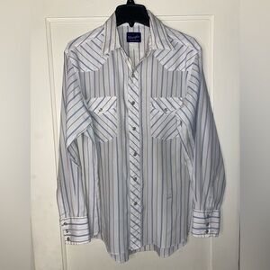 Vintage Wrangler L White Stripe Western Pearl Snap Dress Shirt Button Down Rodeo